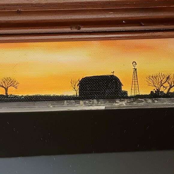 Vintage Small Painting W/ Mirror Barn Windmill Landscape Sunset Framed Rustic - Picture 7 of 12